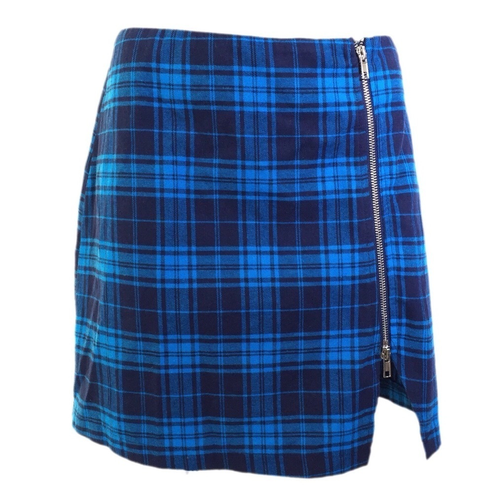 SEEK The Label Blue Plaid Zipper Slit Skirt XS